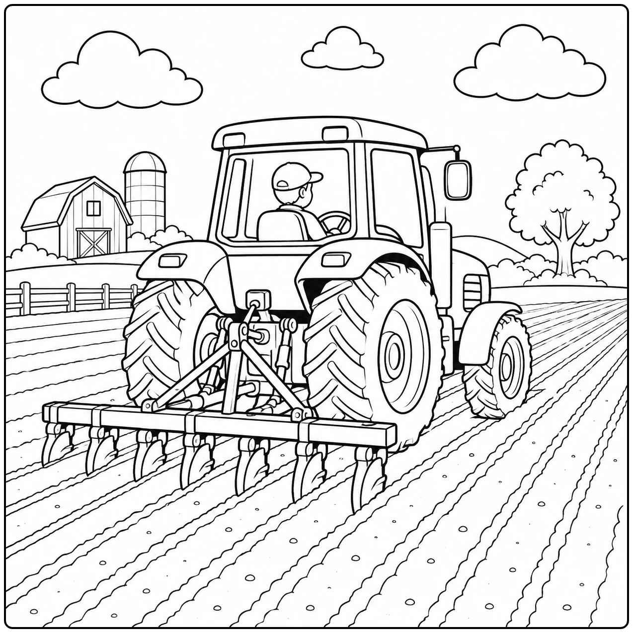 Werkende trekker kleurplaat met tractor van achteren en een brede eg op lange akkerbanen