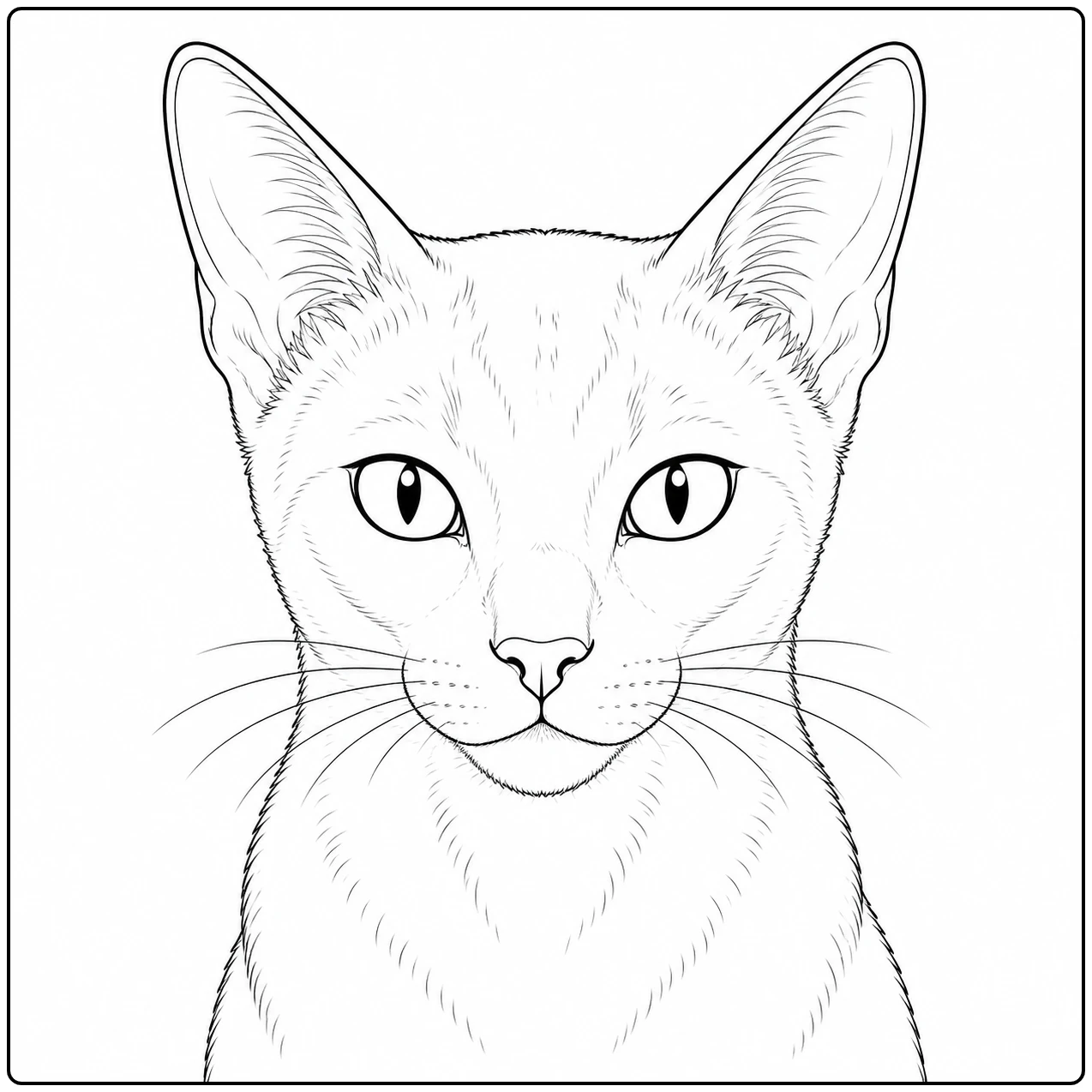 Close-up van een elegante kattenkop met grote oren en amandelogen, als kleurplaat blauwe rus.