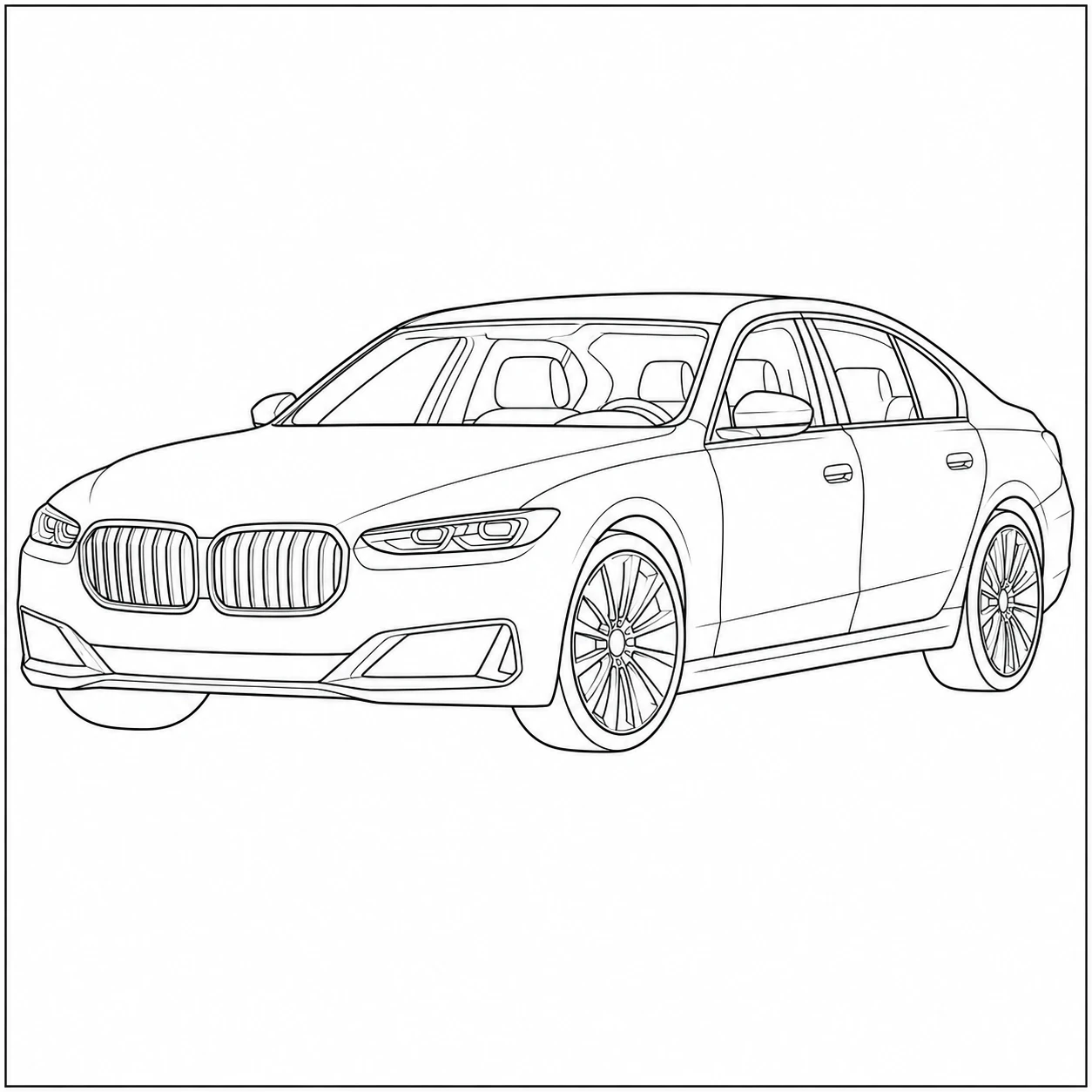 Luxe sedan in vooraanzicht met lange carrosserie en verfijnde spaakvelgen