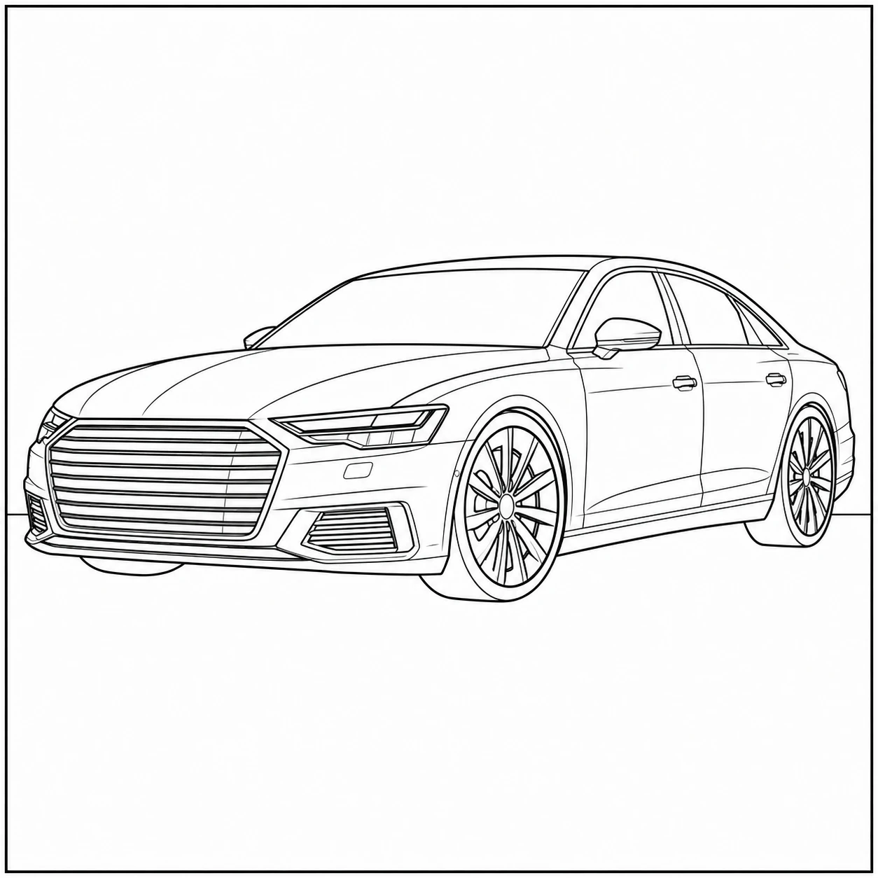 Luxe sedan in driekwart vooraanzicht met lange carrosserie, fijne velgen en een rustige witte achtergrond