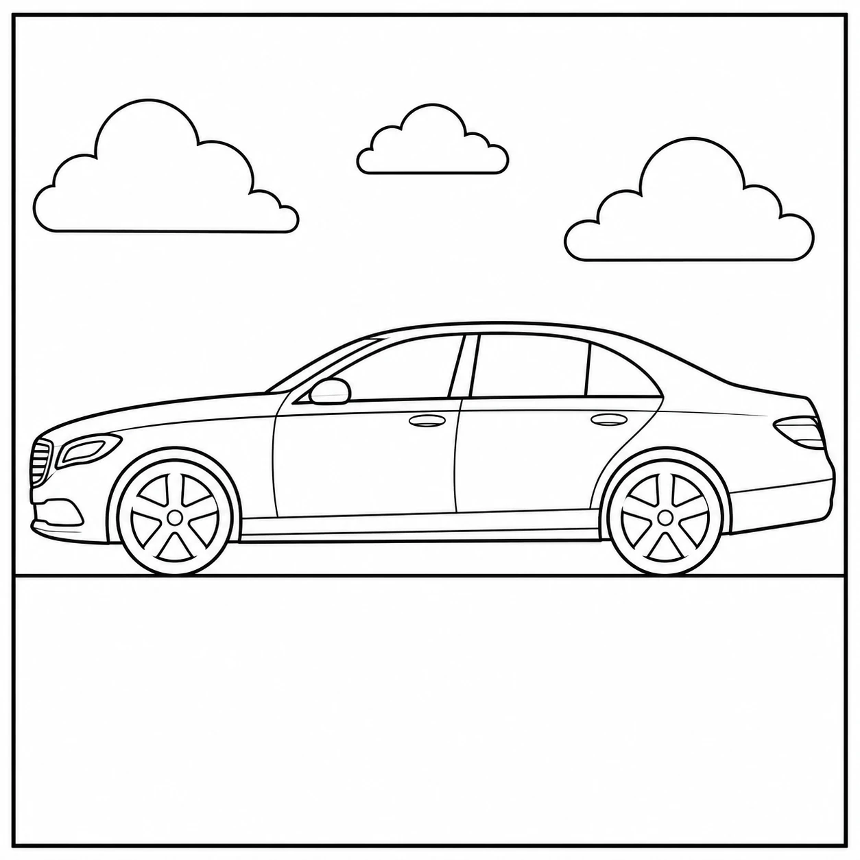 Elegante sedan van opzij met wolken en grote wielen op een eenvoudige weg