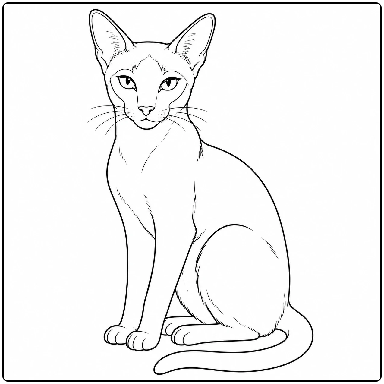 De kleurplaat siamese kat toont een slanke kat met grote oren en een sierlijk gekrulde staart