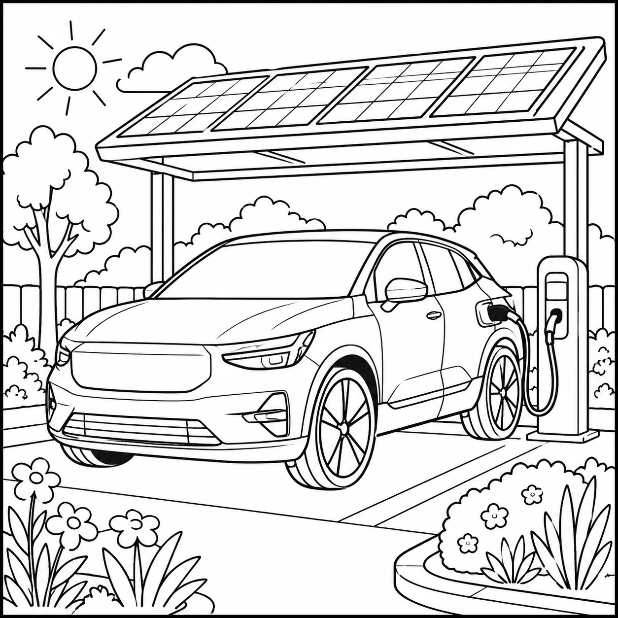 Elektrische auto onder een zonnige carport met laadpunt en zonnepanelen
