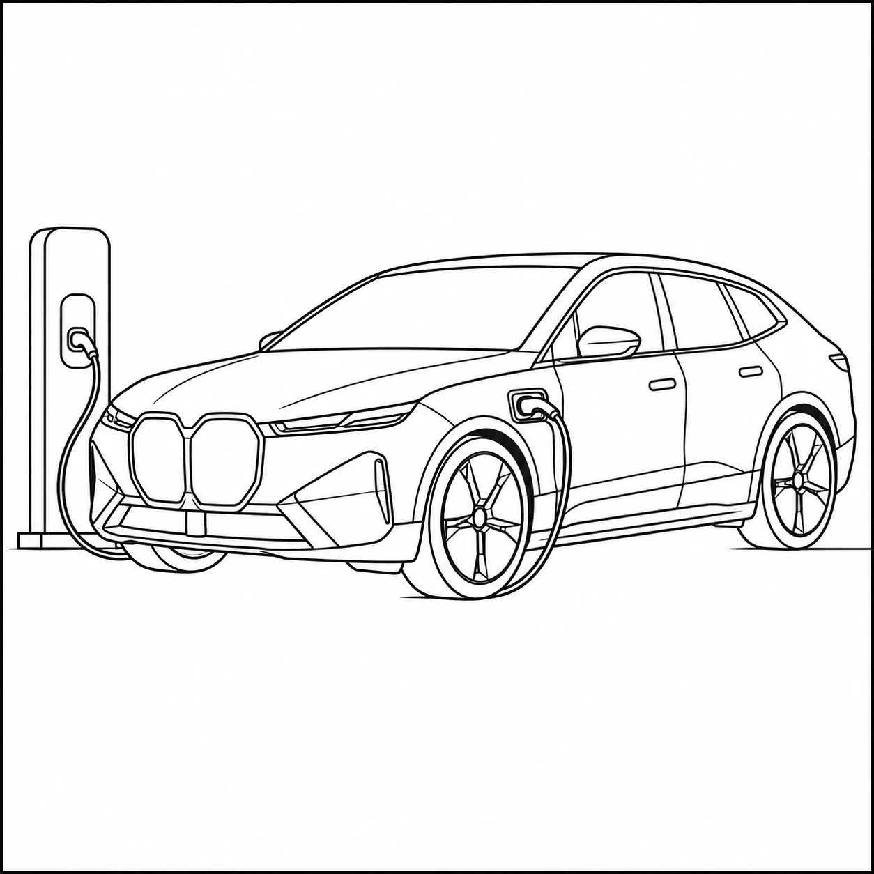 Elektrische kleurplaat auto bmw bij een laadpaal met aangesloten kabel