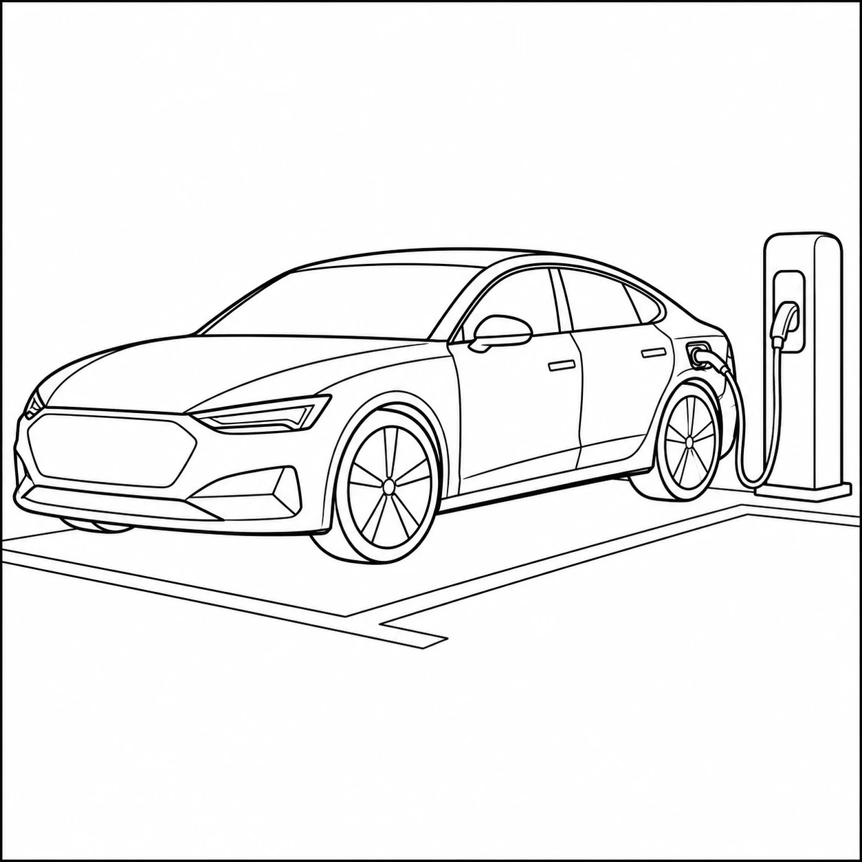 Elektrische sedan bij een laadpaal op een rustige parkeerplaats met duidelijke laadkabel
