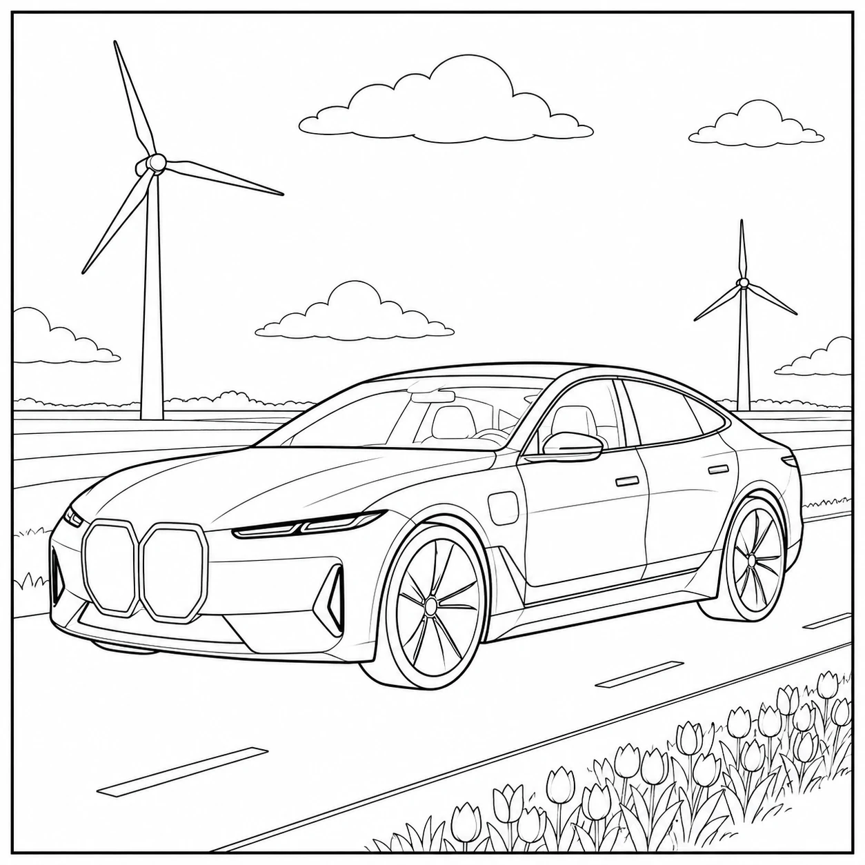Moderne elektrische auto langs windturbines en bloemen in een open landschap