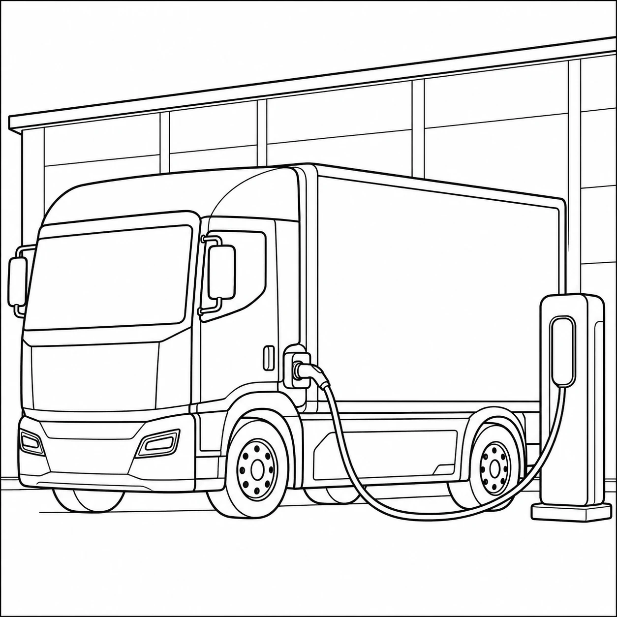 Elektrische bakwagen laadt op bij een laadpaal voor een eenvoudig magazijngebouw.