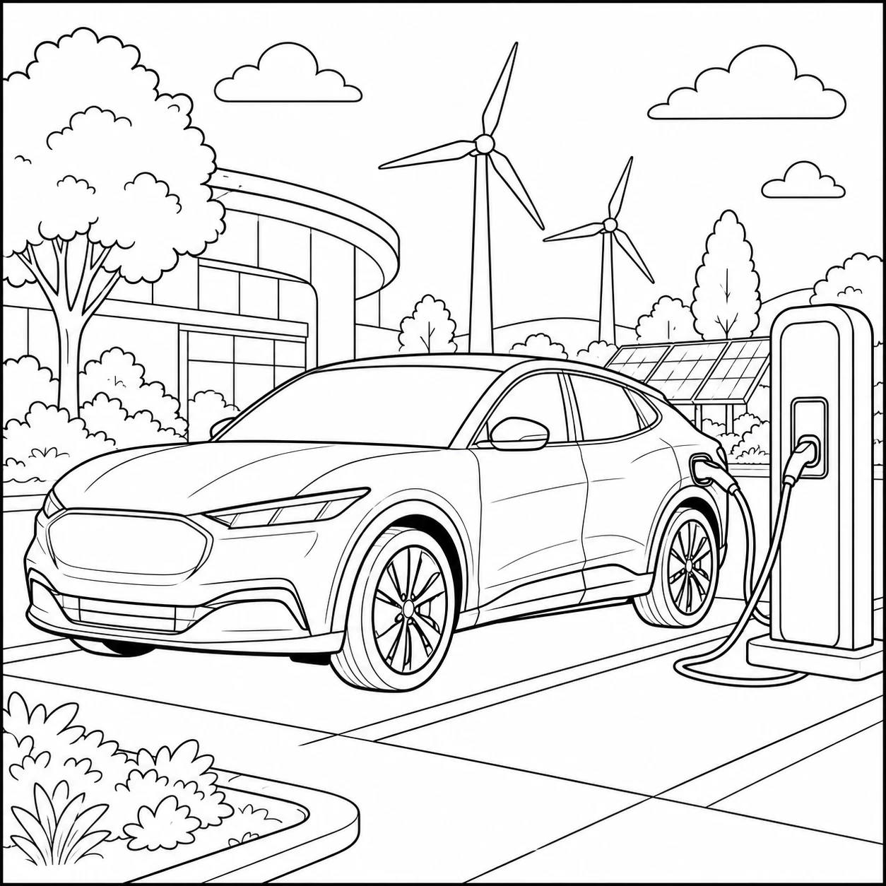 Elektrische auto bij een laadstation met moderne vorm en duurzame omgeving