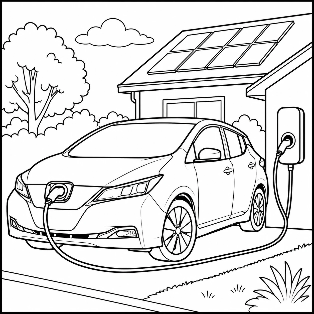 Nissan elektrische auto met laadkabel bij een huis en zonnepanelen op de achtergrond