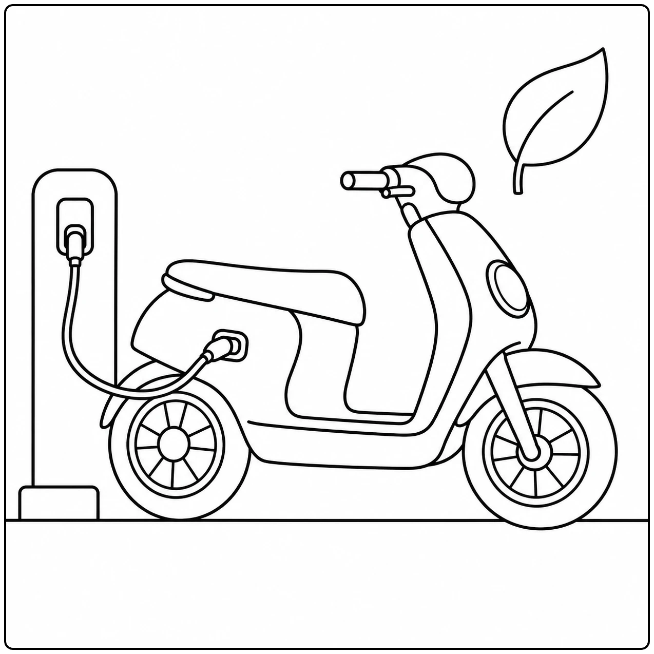 Kleurplaat scooter bij een laadpaal met aangesloten kabel, lang zadel en ronde wielen.
