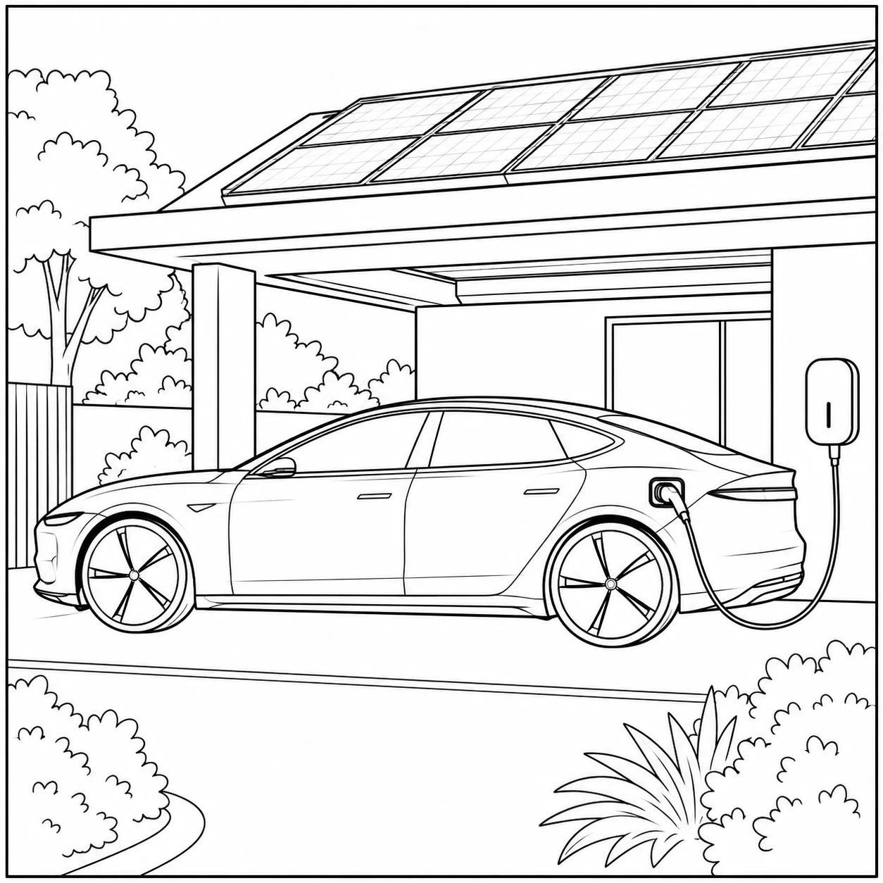 Elektrische sedan onder zonnepanelen, kleurplaat auto mercedes aangesloten op een laadpunt