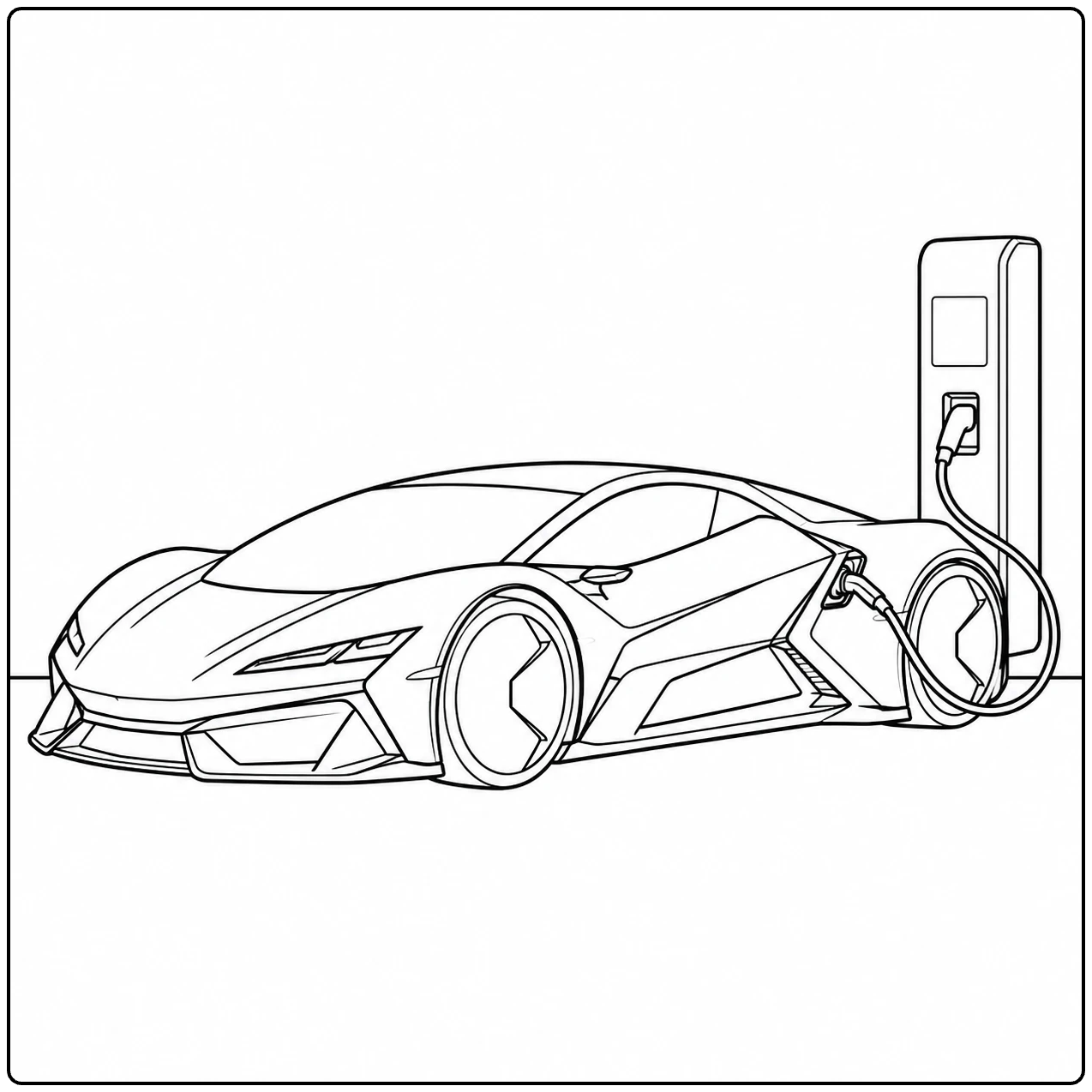 Elektrische kleurplaat auto lamborghini naast een laadpaal met aangesloten laadkabel