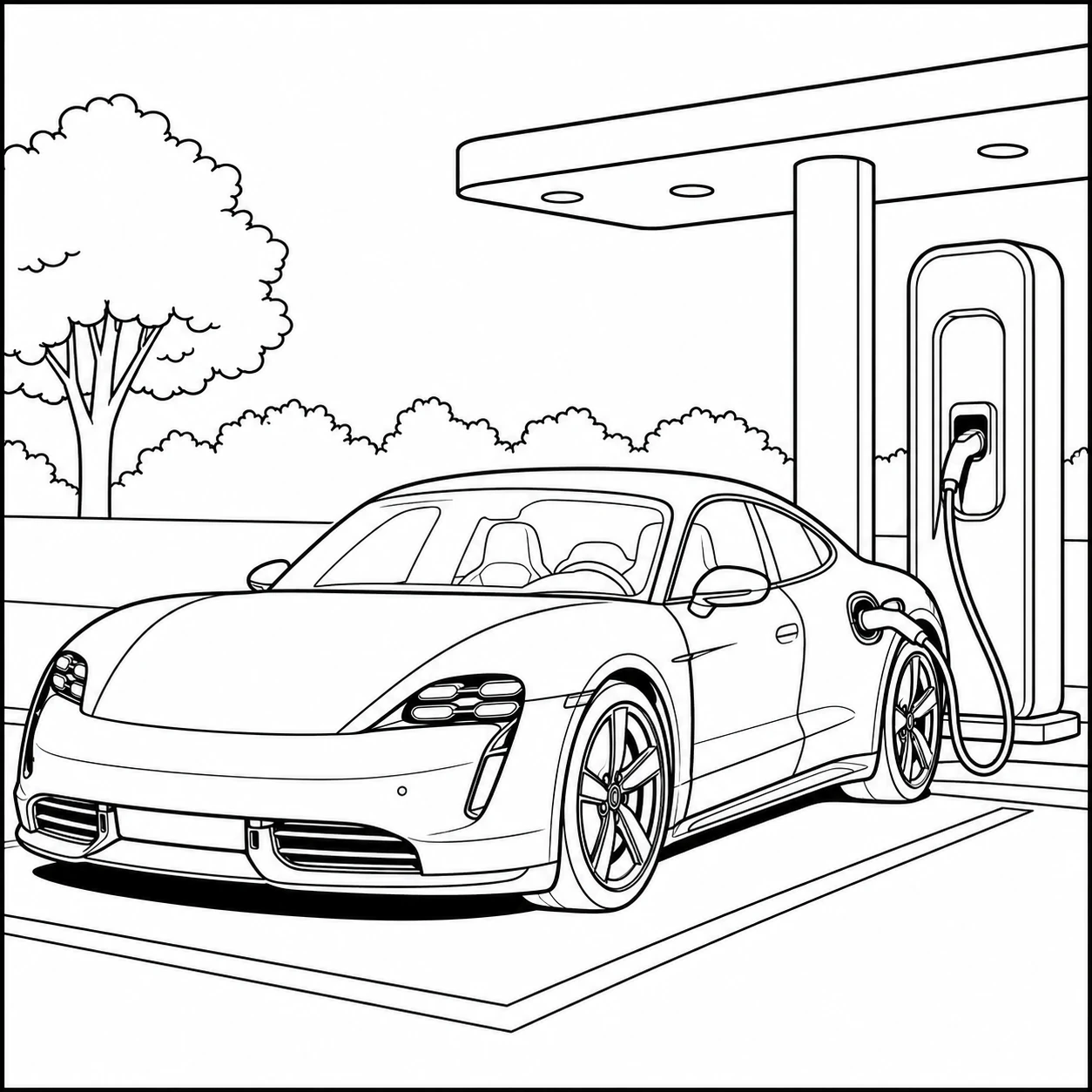 Elektrische sportwagen bij een laadstation met moderne vormen en een eenvoudige omgeving