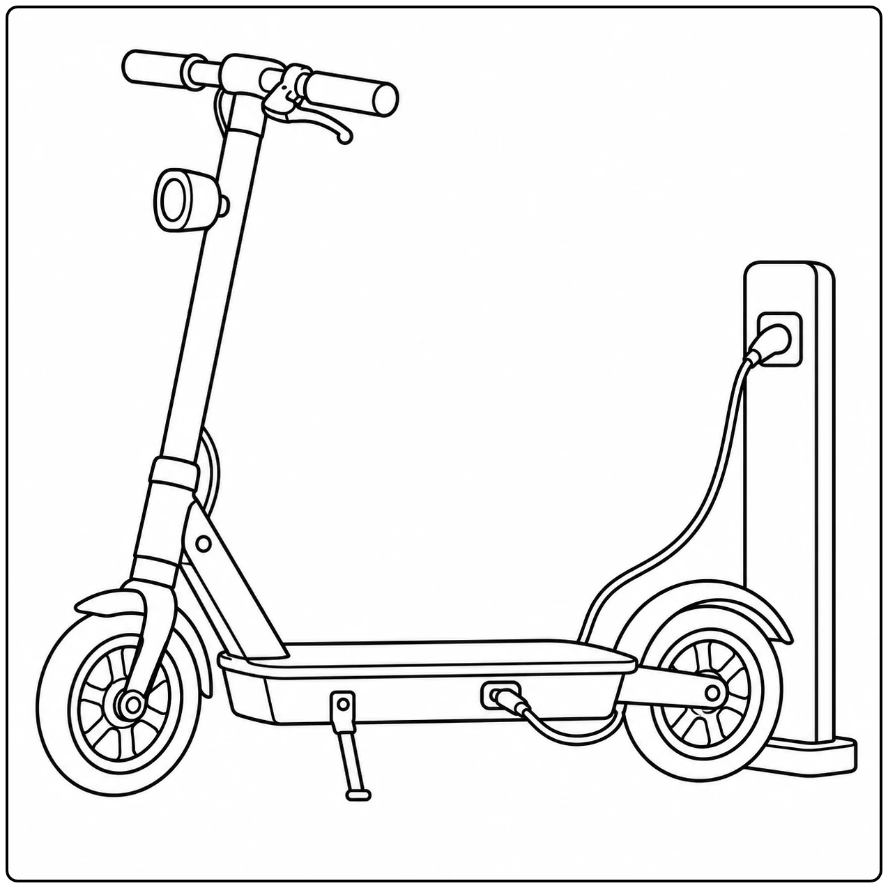 Elektrische step naast een laadpaal, afgebeeld als kleurplaat scooter met standaard en spatbord.