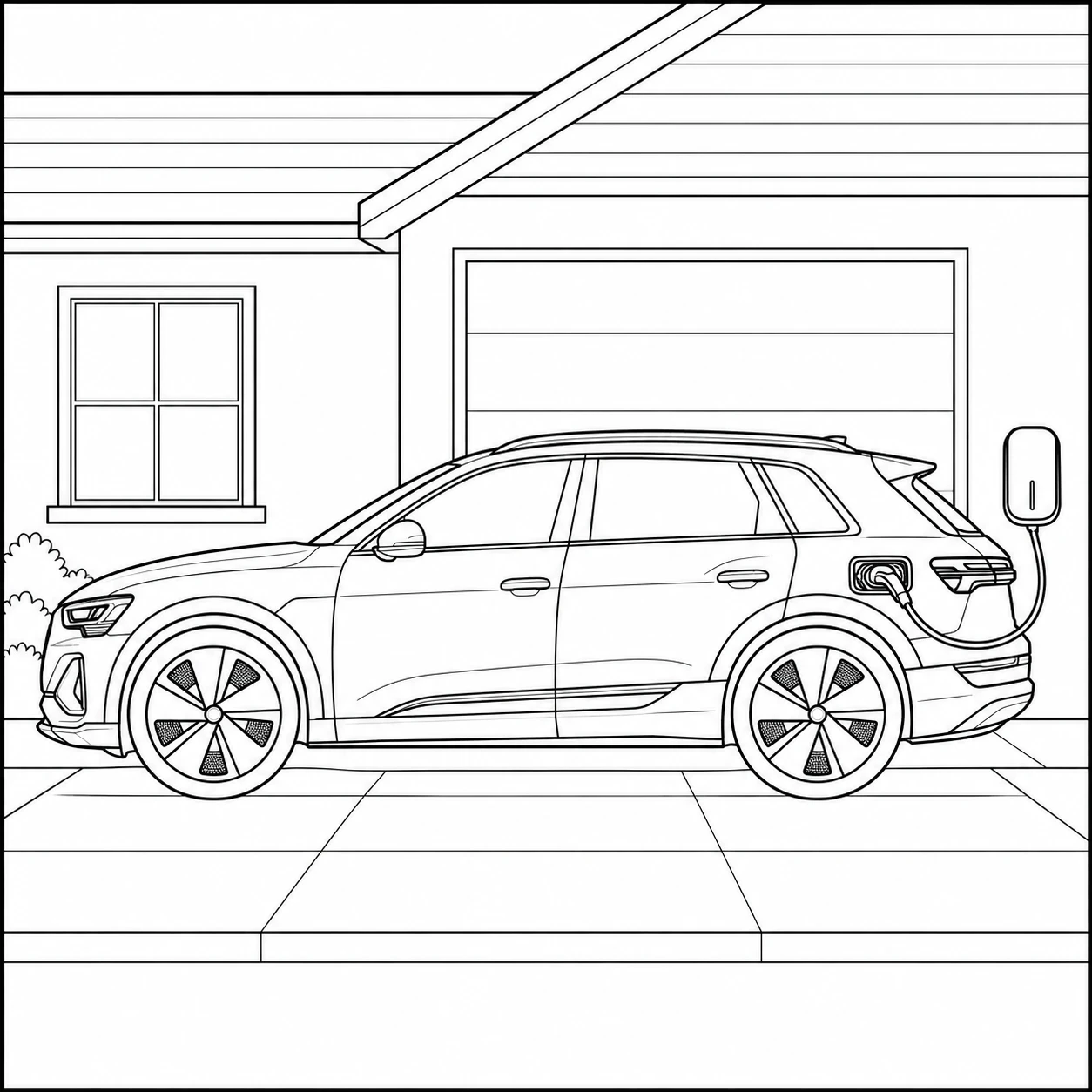 Elektrische SUV laadt thuis naast de garage op, als kleurplaat auto audi met een duidelijke laadkabel