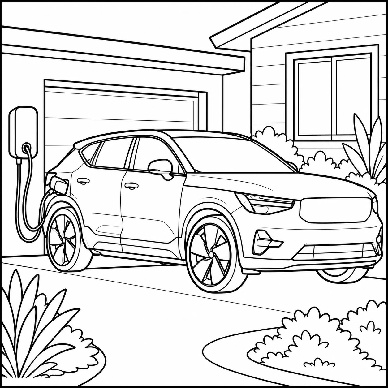Kleurplaat auto volvo met een moderne SUV bij een laadpaal en een eenvoudig huis op de achtergrond