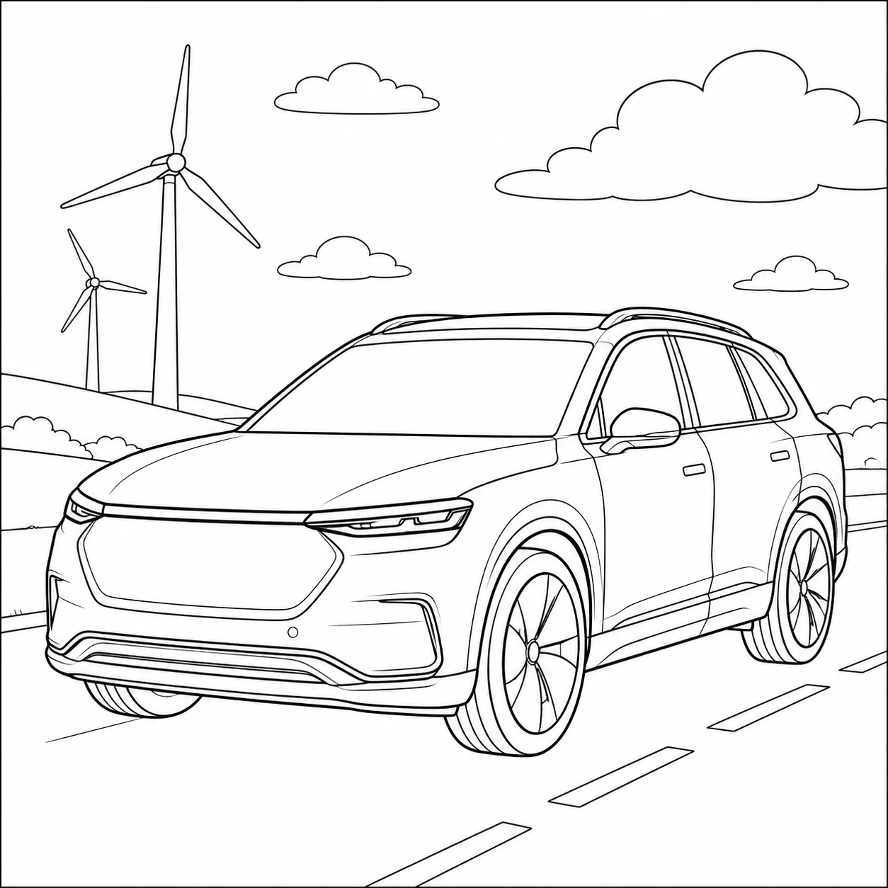 Moderne elektrische SUV op een landweg met een windturbine en wolken op de achtergrond