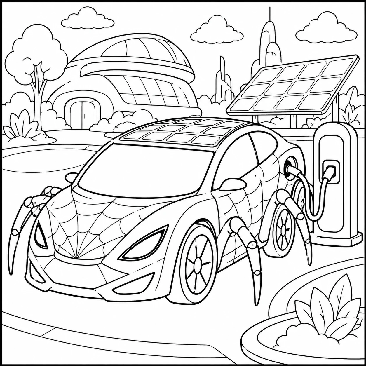 Elektrische auto met moderne lijnen naast een laadstation en duurzame technologie