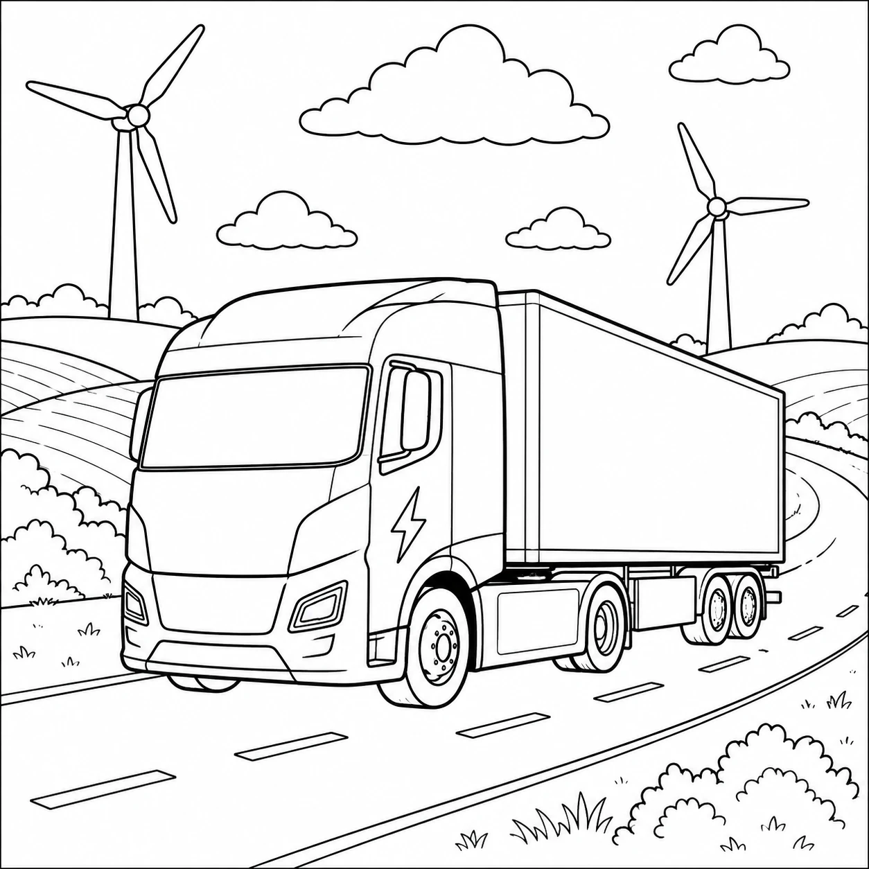 Langs windmolens rijdt een elektrische trekker met oplegger als kleurplaat vrachtwagen mercedes.
