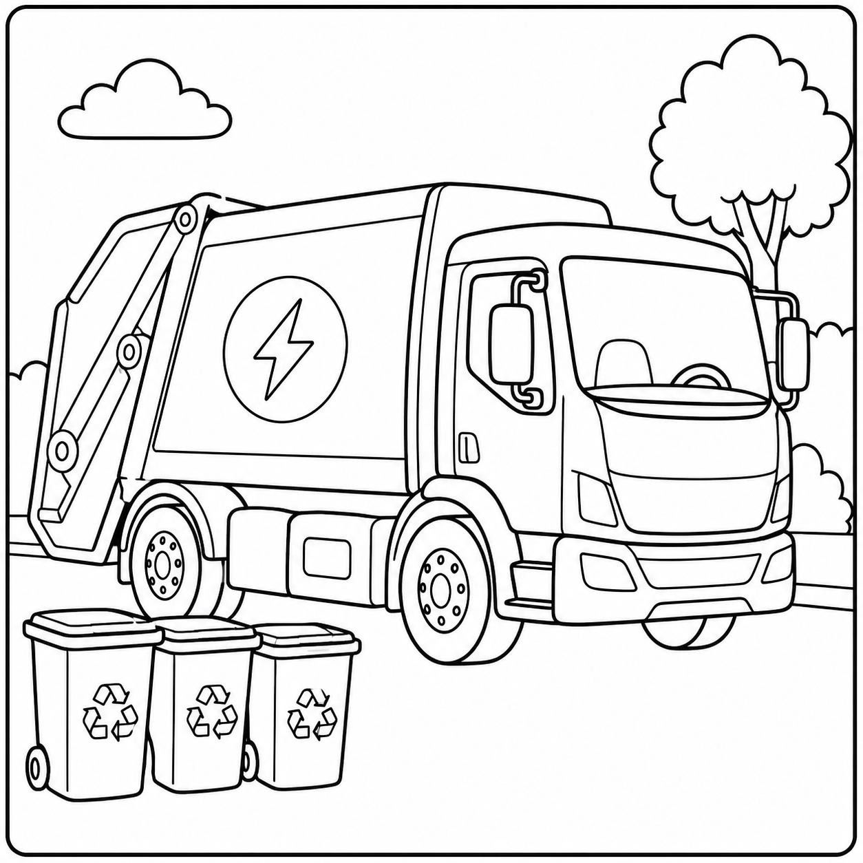 Moderne elektrische vuilniswagen met laadbak, bomen en afvalcontainers in een eenvoudige lijntekening