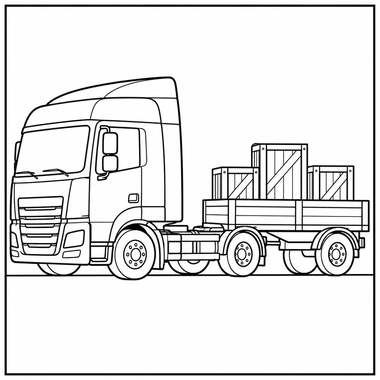 Europese vrachtwagen met een kleine aanhanger vol kratten, geschikt als kleurplaat vrachtwagen mercedes.