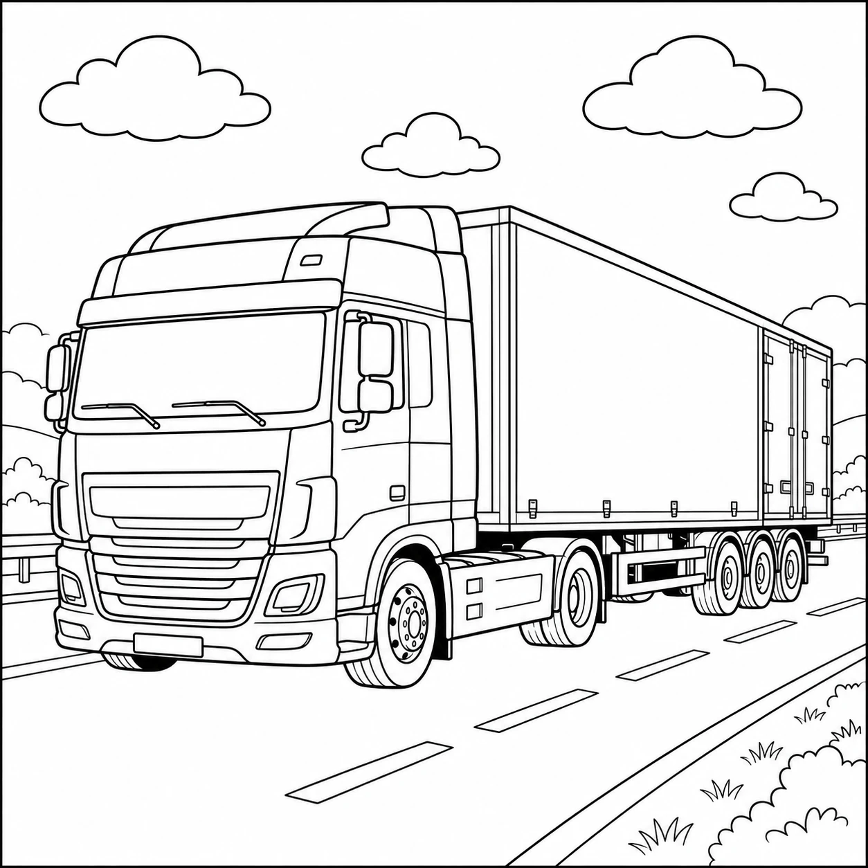 Een Europese vrachtwagen met oplegger rijdt over een weg met wolken en landschapselementen