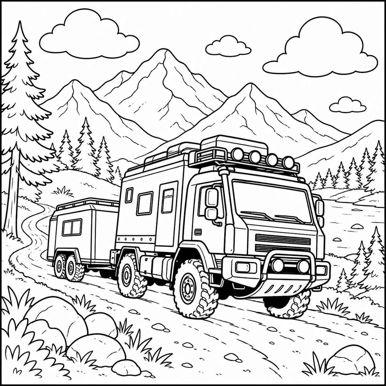 Robuuste expeditietruck trekt een caravan over een ruig pad door de bergen.