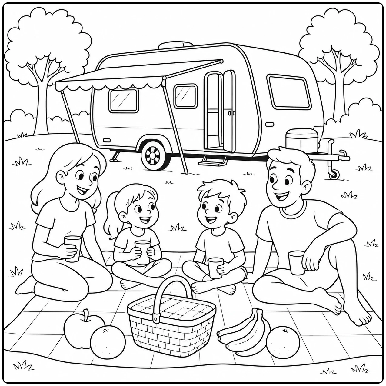 Picknickende familie voor een kleurplaat caravan met luifel, fruitmand en open deur