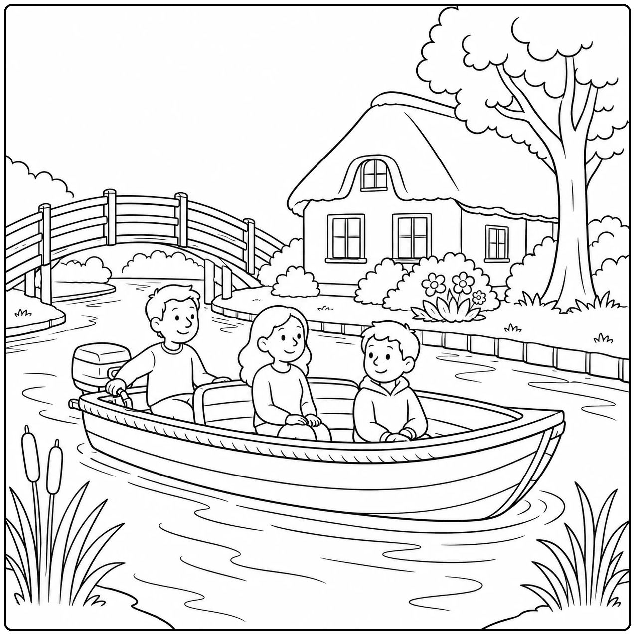 Gezin in een kleine roeiboot bij een houten brug, huisje en hoge boom langs het water