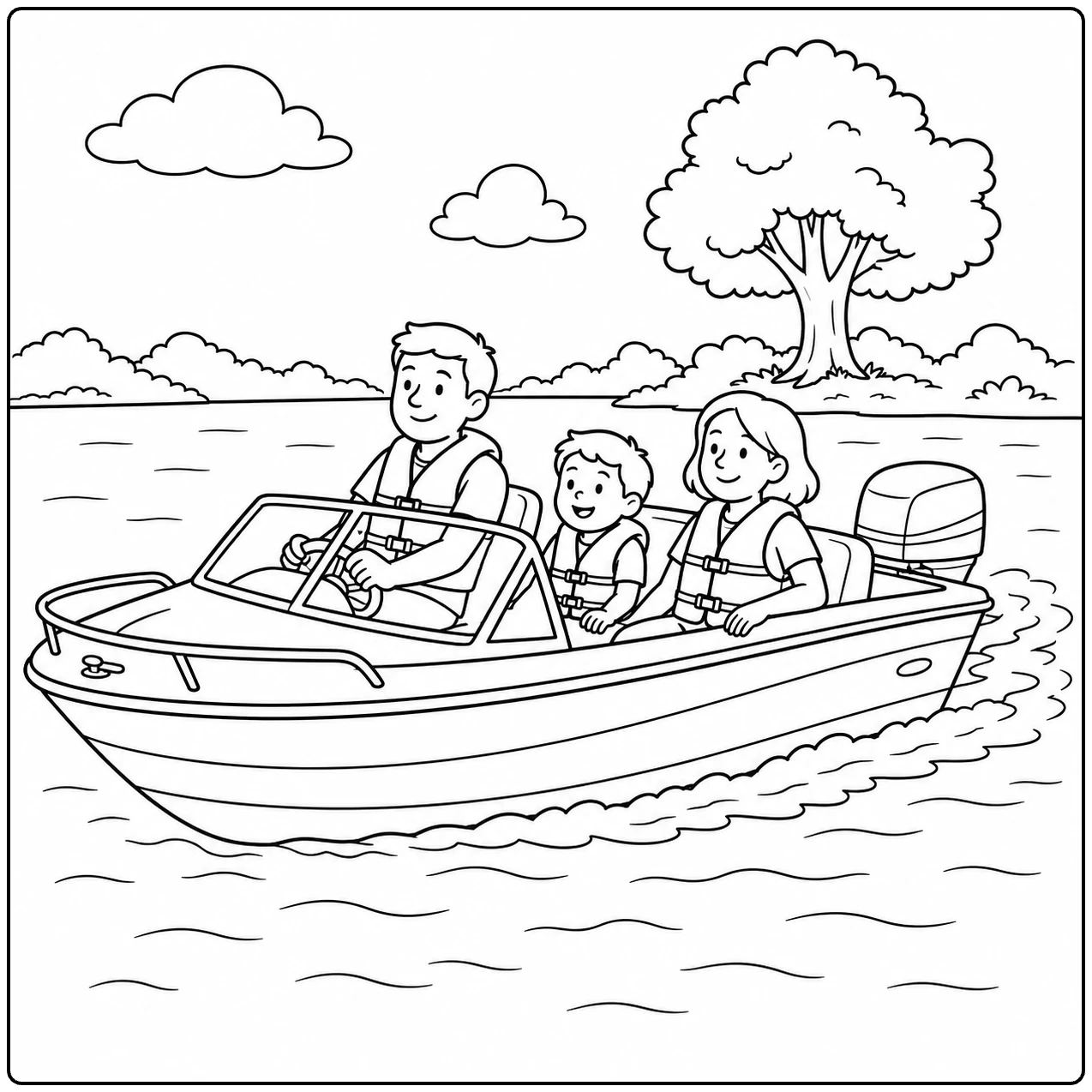 Gezin vaart samen in een open motorboot over een rustig meer met een boom op de oever