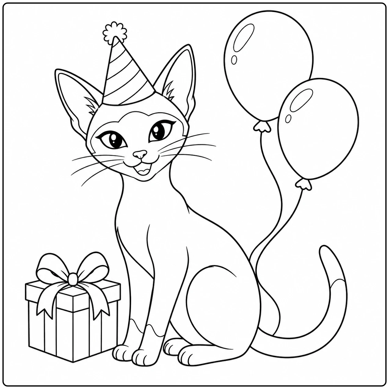 Feestelijke kat met puntmuts, cadeau en twee ballonnen op een kleurplaat siamese kat