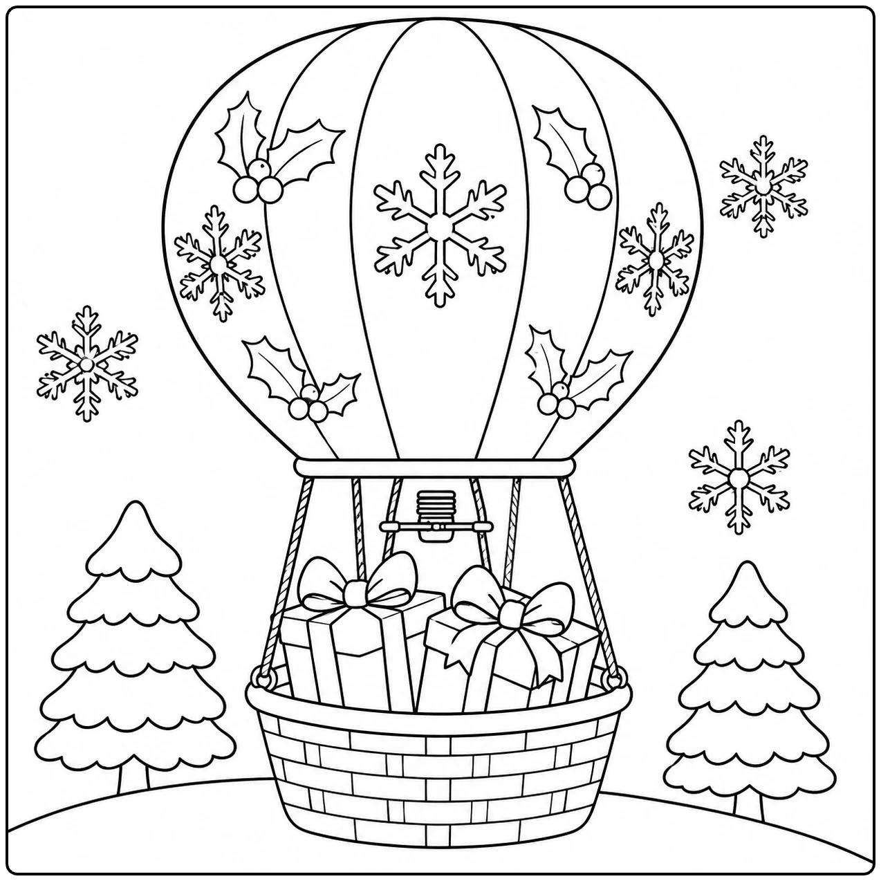 Feestelijke kleurplaat luchtballon met cadeaus, hulstbladeren en sneeuwvlokken tussen dennenbomen