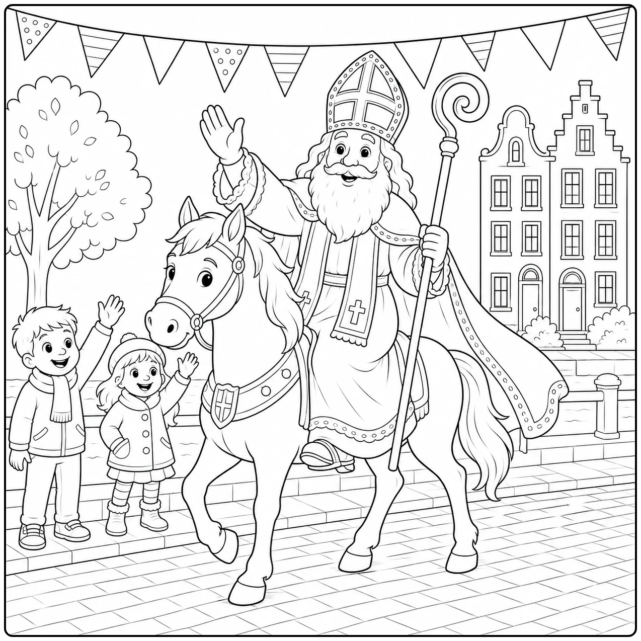 Een feestelijke Sinterklaas Kleurplaat met de Sint te paard, zwaaiende kinderen en vlaggetjes boven de straat.