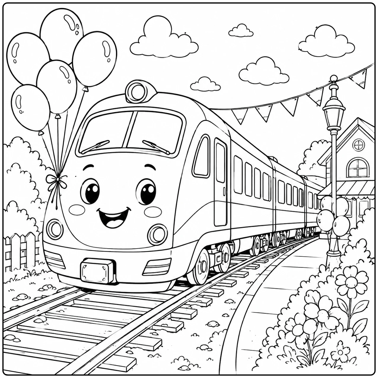 Ballonnen en vlaggetjes versieren het station waar een moderne kleurplaat trein glimlachend aankomt