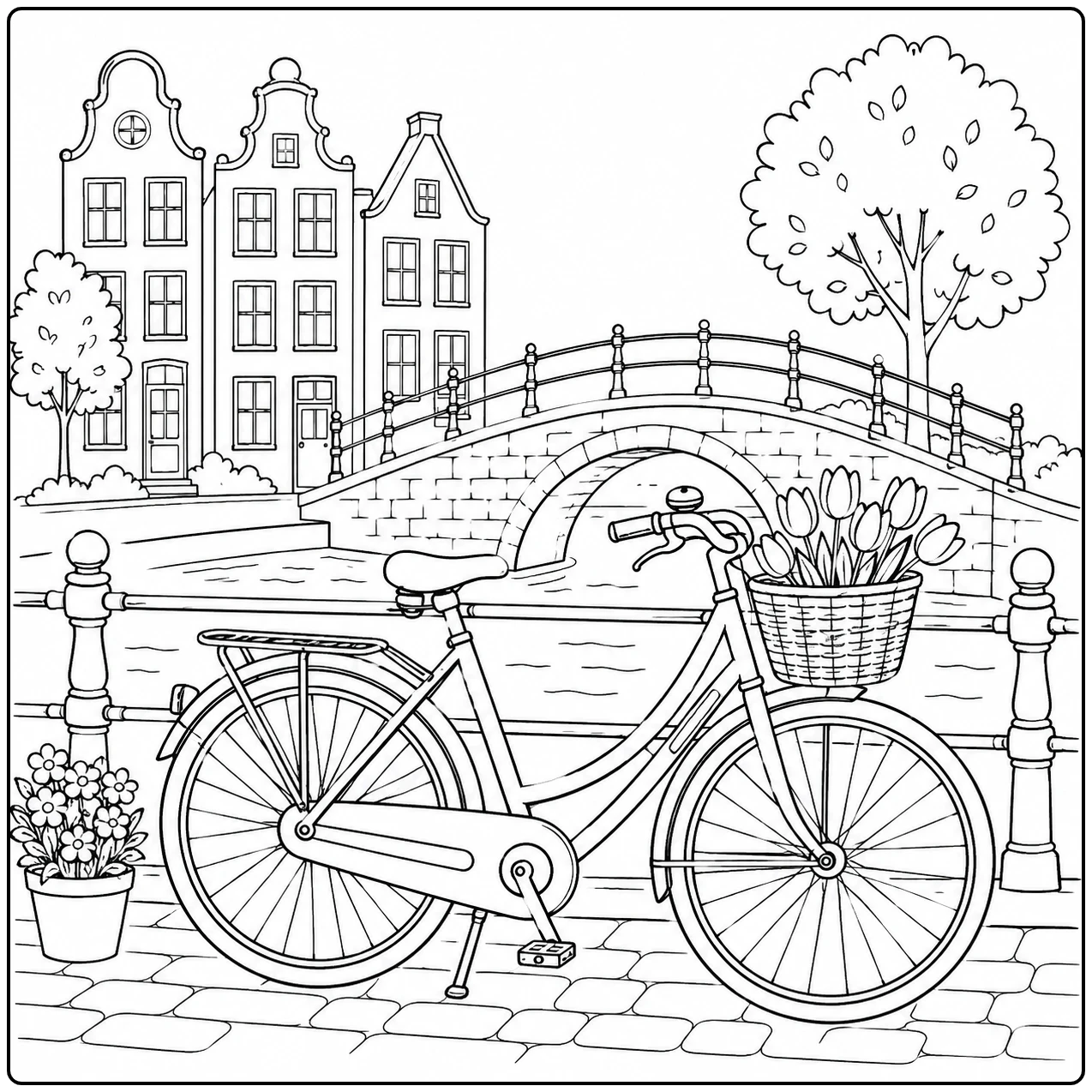 Stadsfiets met bloemenmand staat aan een gracht bij een brug en oude huizen, ideaal als kleurplaat fiets