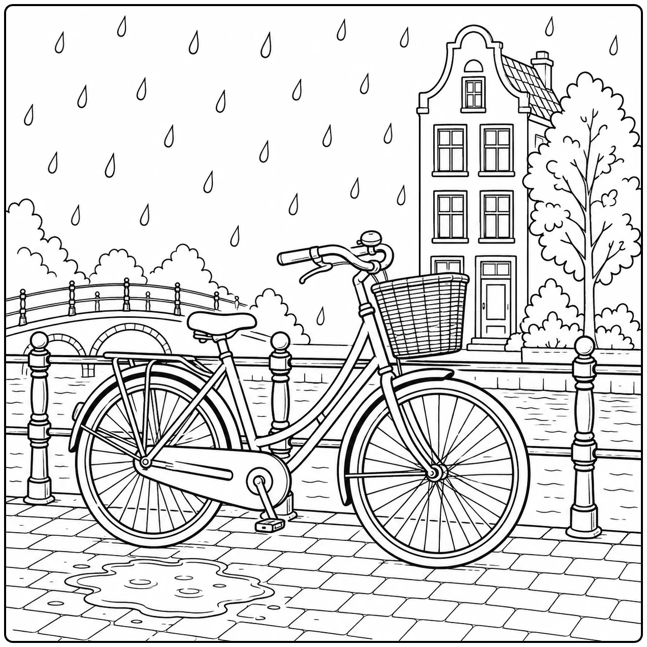 Nederlandse fiets met mand staat bij een natte gracht en hoge huizen in de regen