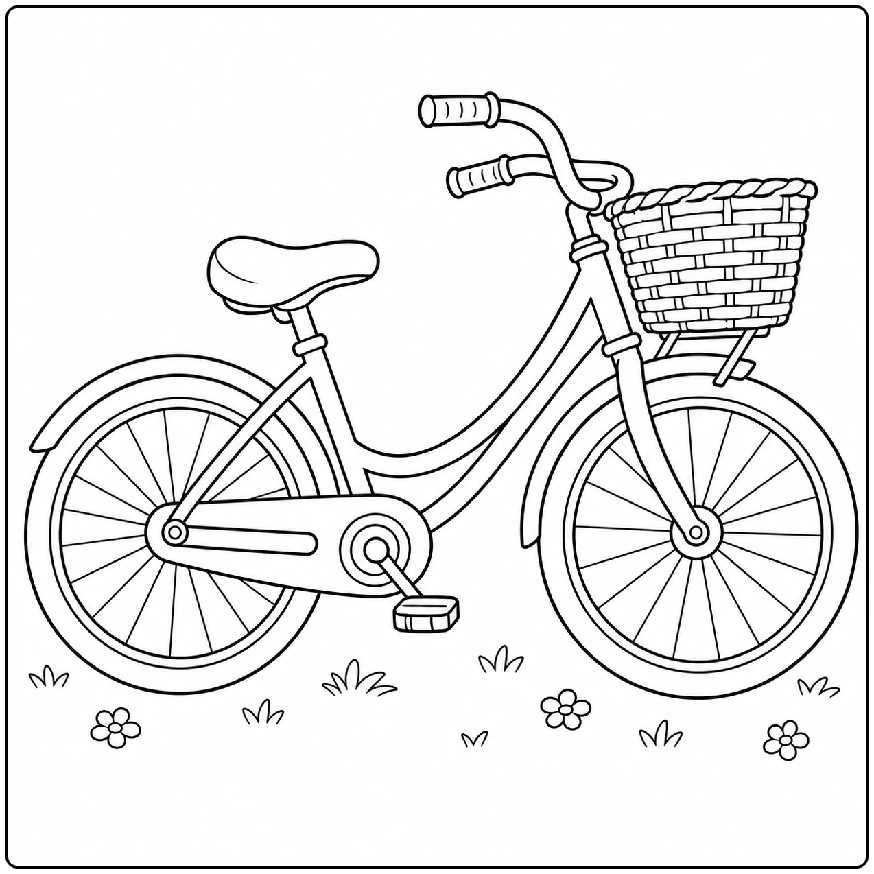 Een rustige kleurplaat fiets toont een stadsfiets met gevlochten voormand tussen gras en bloemen
