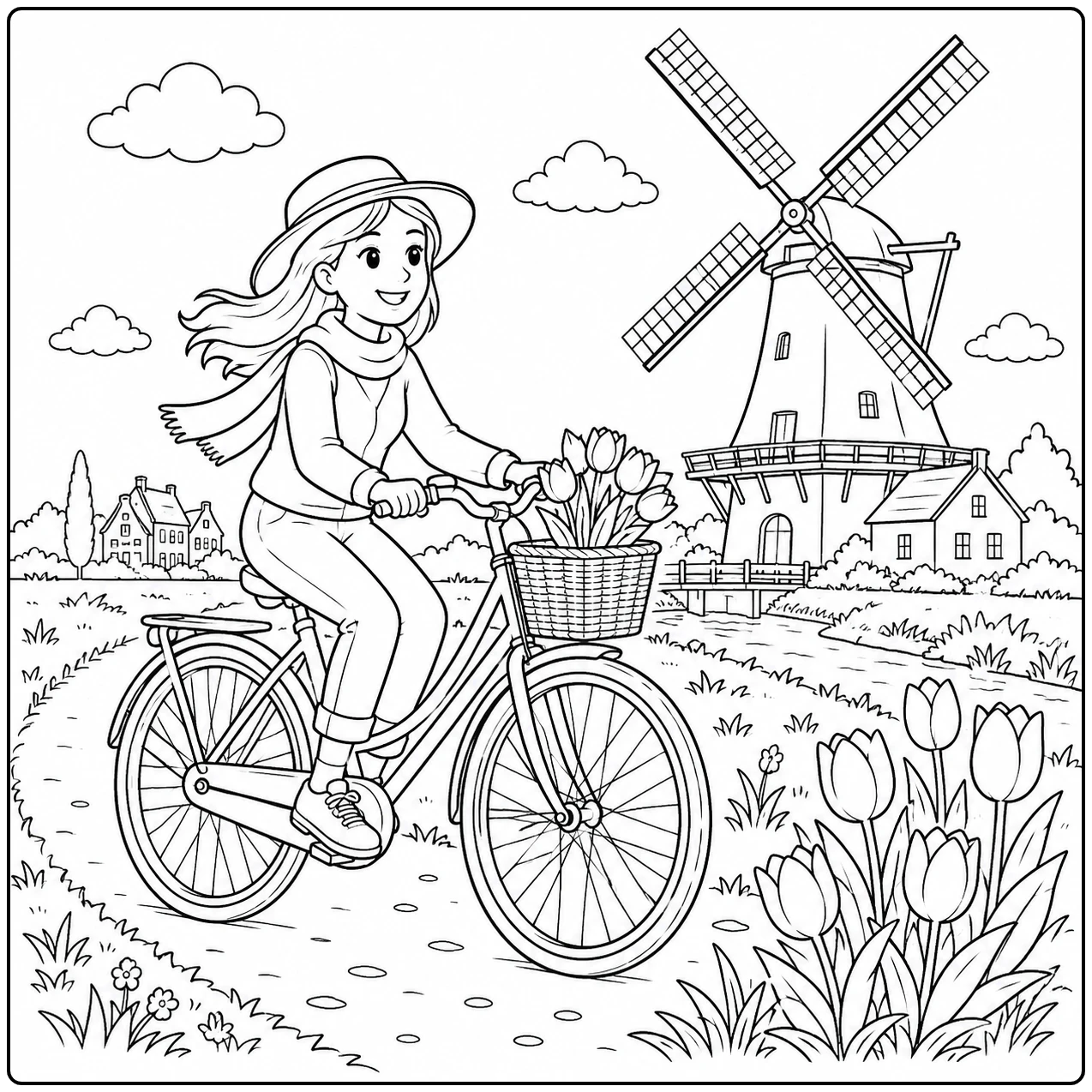 Vrouw rijdt op haar fiets langs tulpenvelden en een grote Nederlandse windmolen