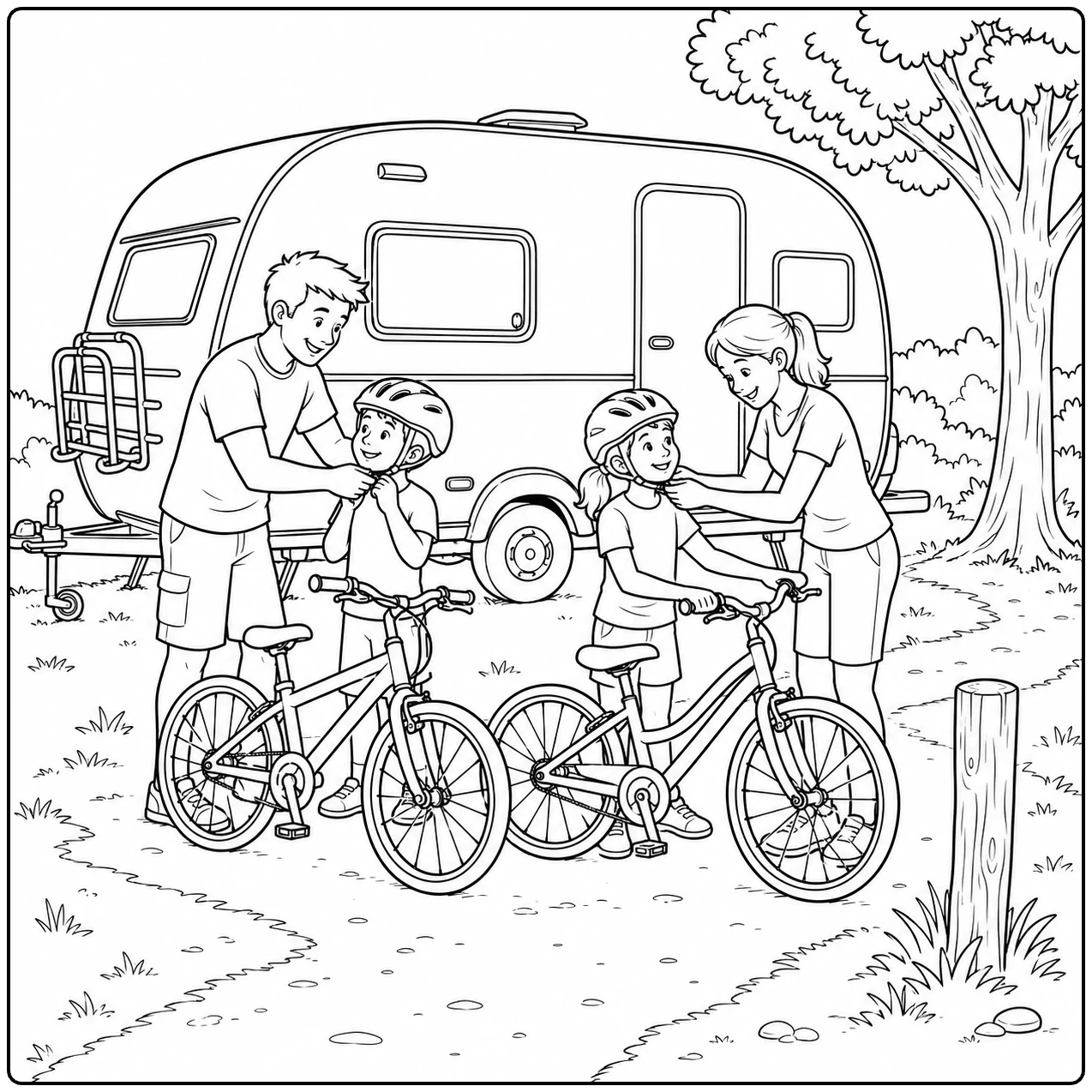 Ouders helpen twee kinderen met fietshelmen naast een caravan en twee fietsen