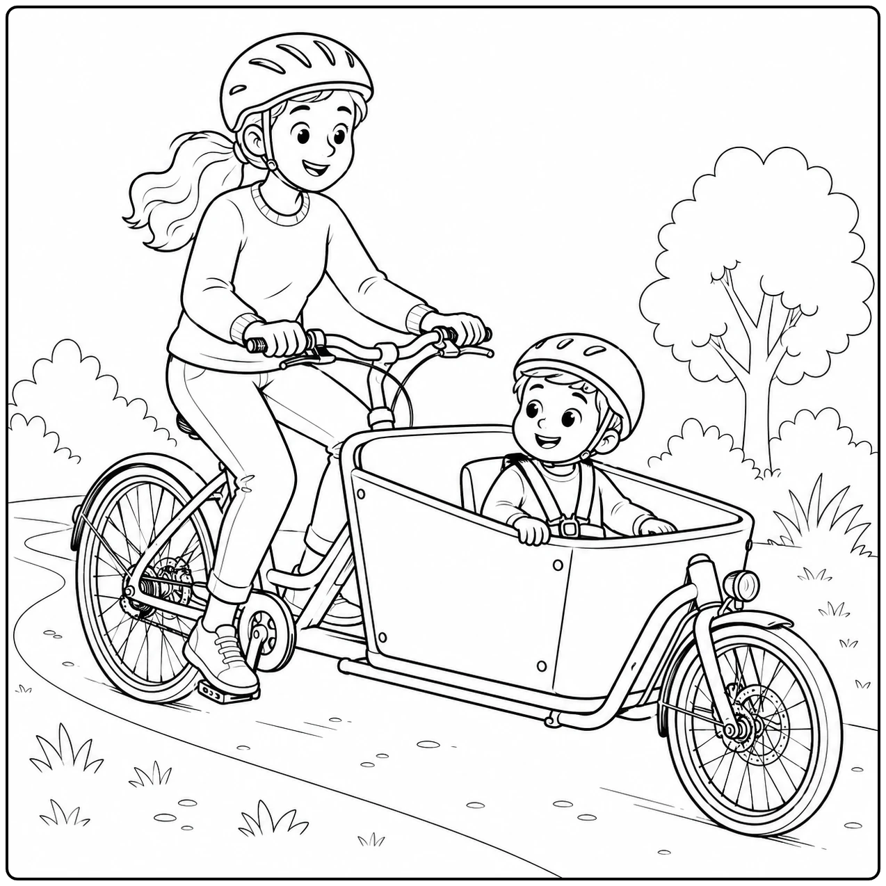 Moeder fietst op een bakfiets met een klein kind voorin langs bomen en struiken