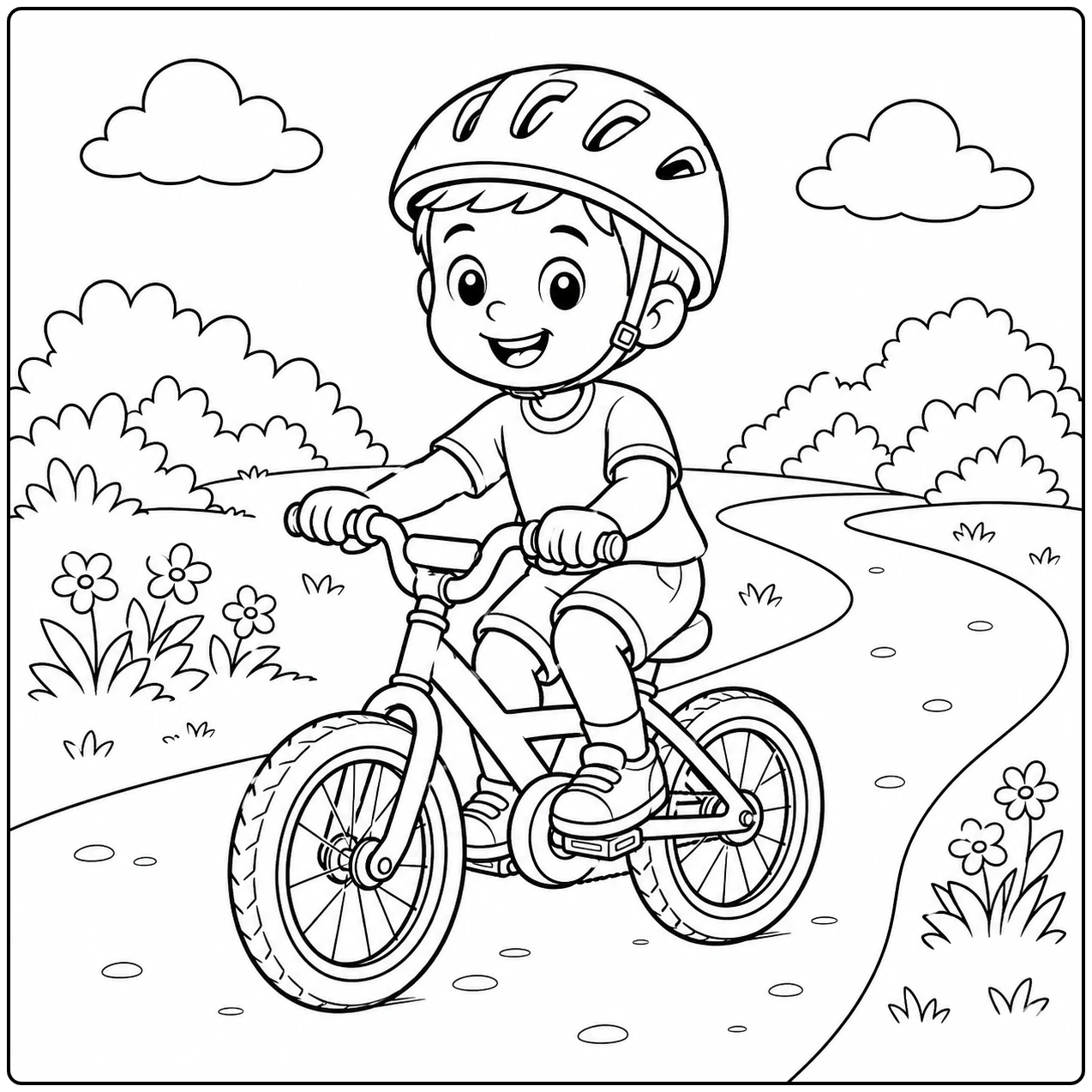 Kind met helm fietst vrolijk over een kronkelend pad tussen bloemen, struiken en wolken