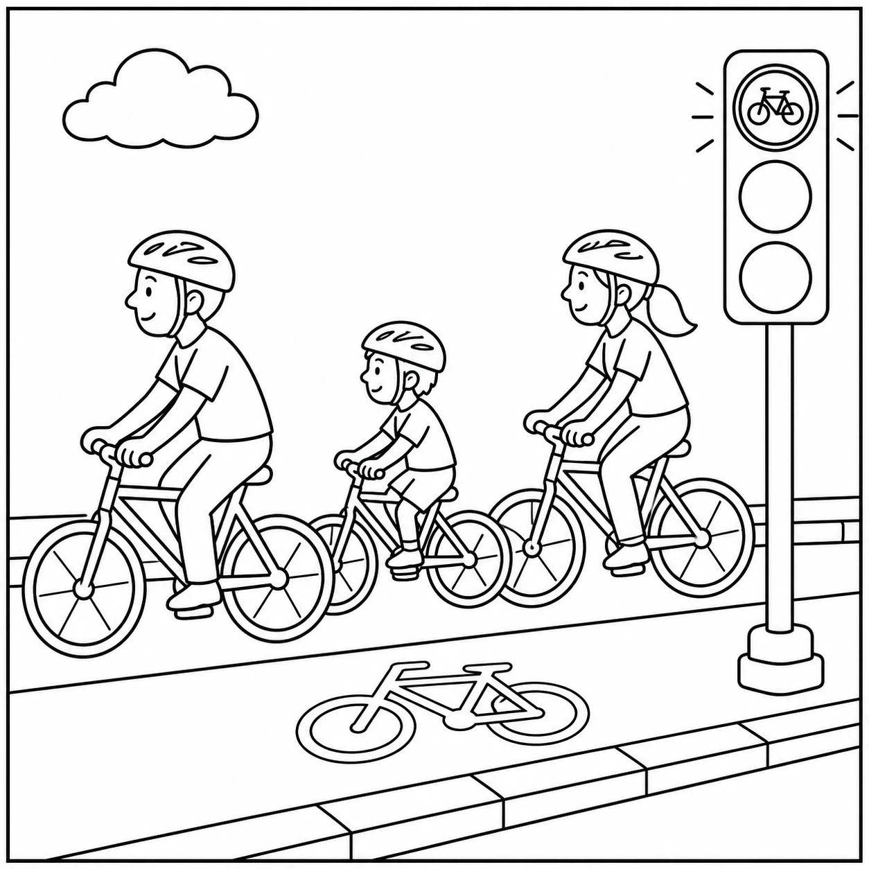 Fietsend gezin rijdt langs een kleurplaat verkeerslicht op een rustige weg met fietsaanduiding