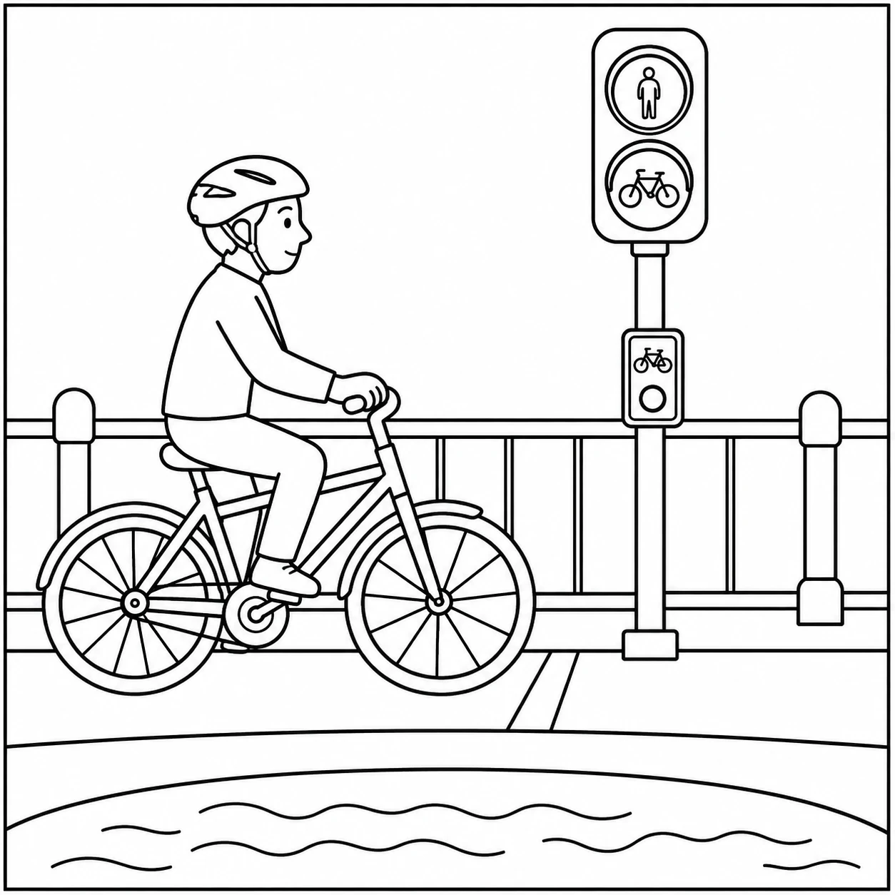 Fietser rijdt langs een verkeerslicht op een brug met reling en water op de voorgrond