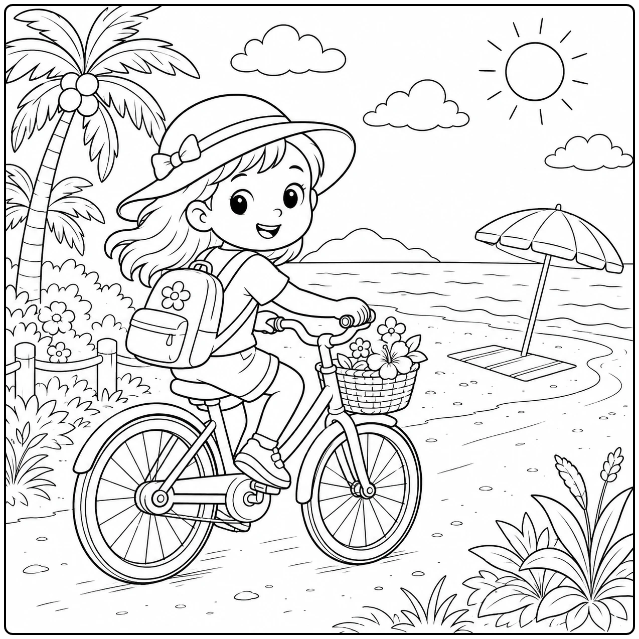 Meisje met hoed fietst langs het strand met een mand vol bloemen op deze kleurplaat fiets