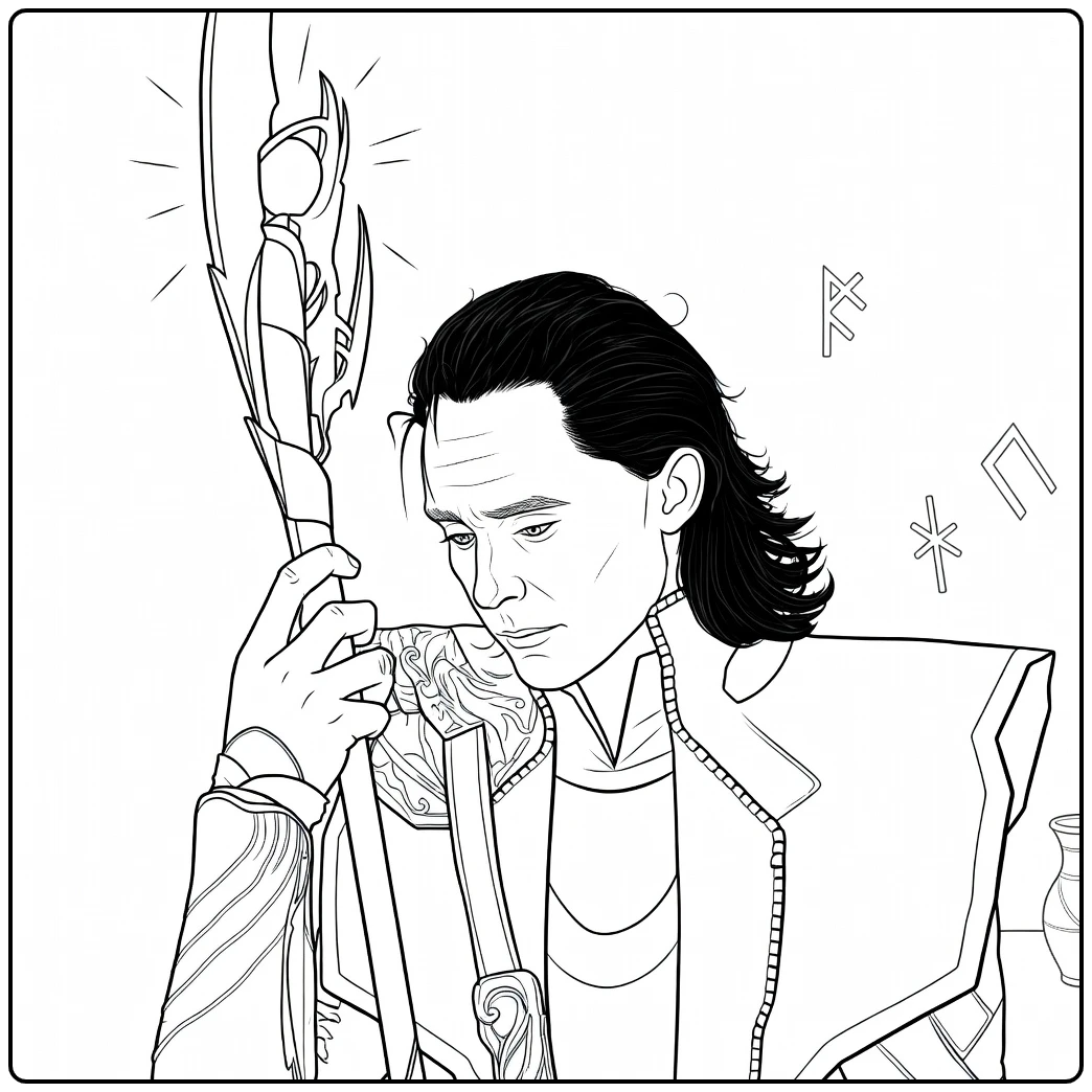 Loki Kleurplaat van een figuur met schouderlang haar die een sierlijke staf vasthoudt