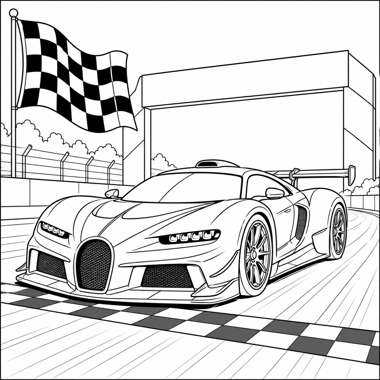 Racewagen passeert de finish onder een wapperende vlag, ideaal als kleurplaat auto bugatti.
