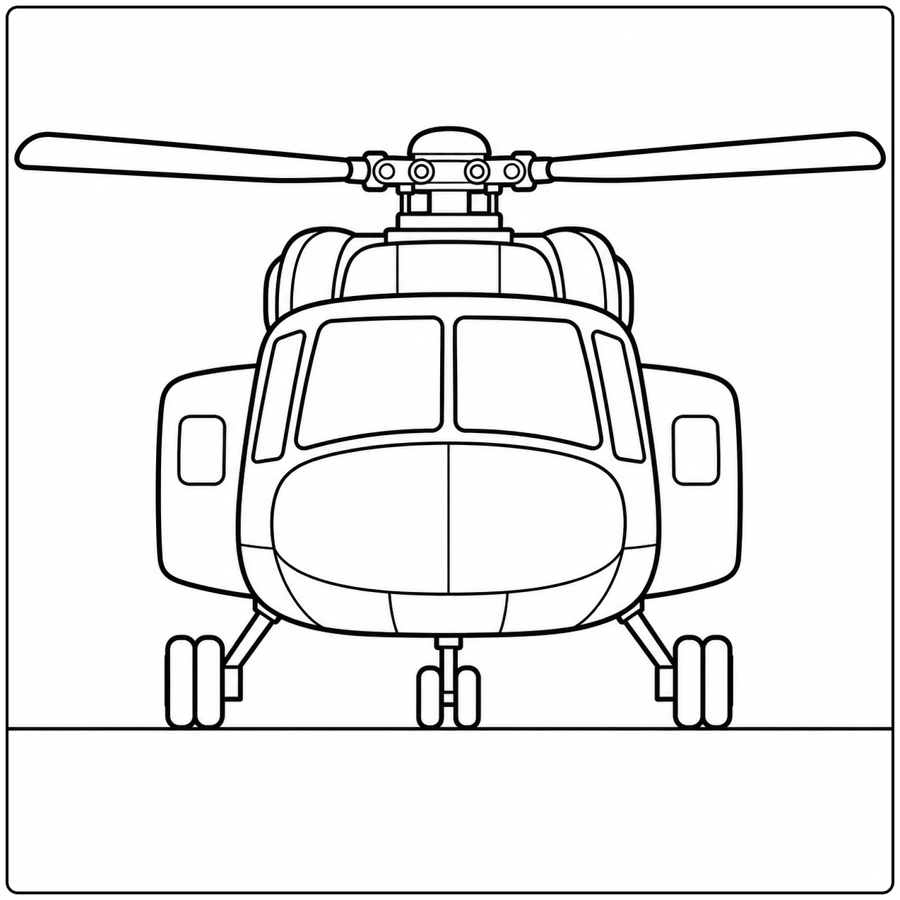 Een militaire helikopter van voren met brede cockpitramen en drie landingswielen