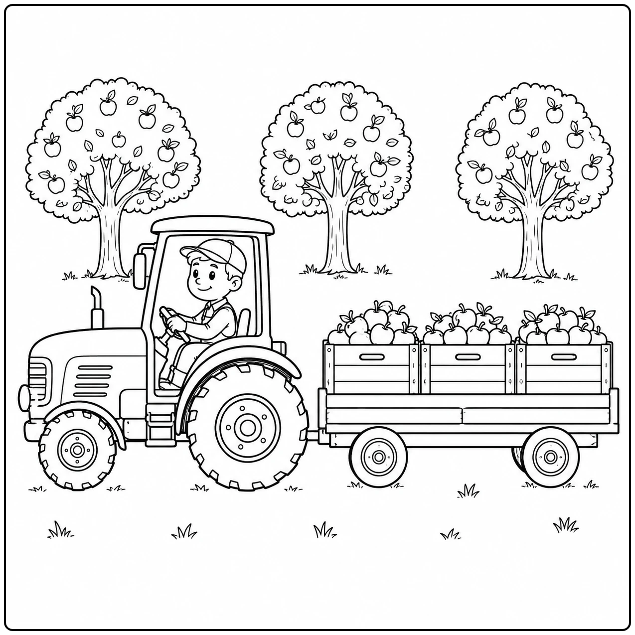 Kleine tractor trekt kisten vol geoogst fruit door een boomgaard met drie fruitbomen