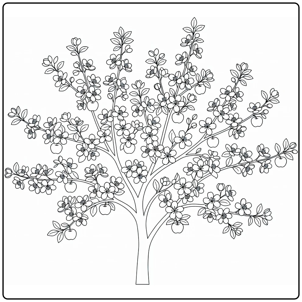 Fruitbomen Kleurplaat appelboom met bloesems en jonge appels