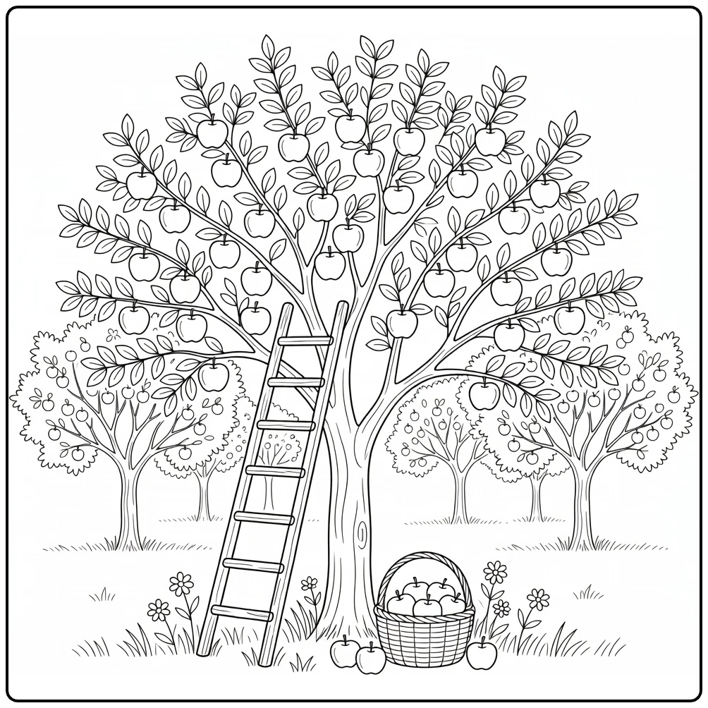 Fruitbomen Kleurplaat appelboom met ladder en mand appels